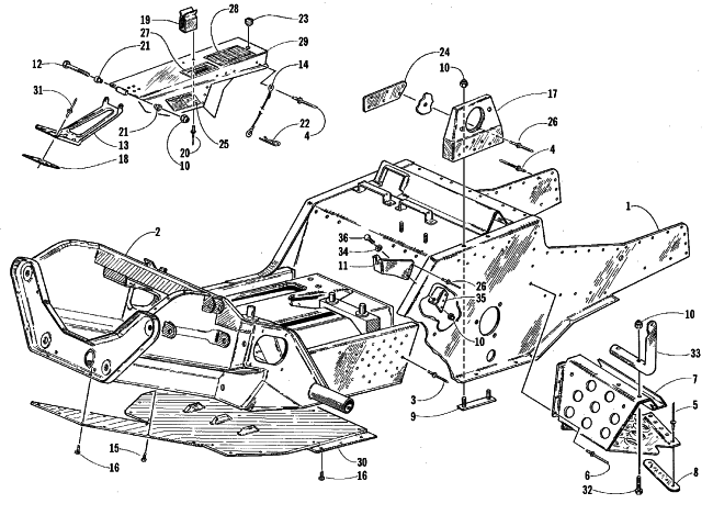 Parts Diagram for Arctic Cat 1999 BEARCAT 440 I - 136 IN. SNOWMOBILE FRONT FRAME, BELLY PAN, AND FOOTREST ASSEMBLY