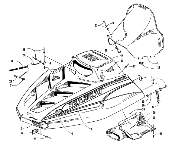 Parts Diagram for Arctic Cat 1997 BEARCAT 340 SNOWMOBILE HOOD AND WINDSHIELD ASSEMBLY
