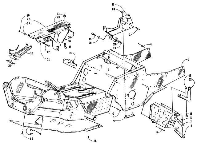 Parts Diagram for Arctic Cat 1998 COUGAR DELUXE SNOWMOBILE FRONT FRAME, FOOTREST, AND BELT GUARD ASSEMBLY