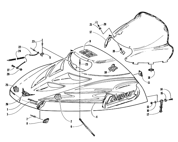 Parts Diagram for Arctic Cat 1997 COUGAR MOUNTAIN CAT SNOWMOBILE HOOD AND WINDSHIELD ASSEMBLY
