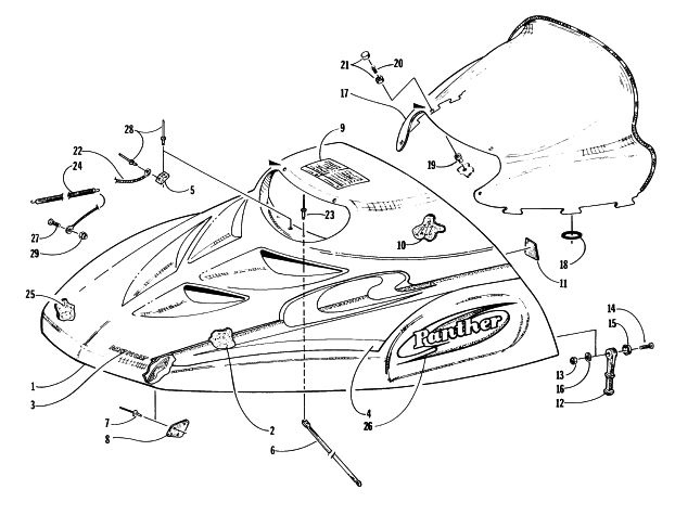 Parts Diagram for Arctic Cat 1997 PANTHER 550 SNOWMOBILE HOOD AND WINDSHIELD ASSEMBLY