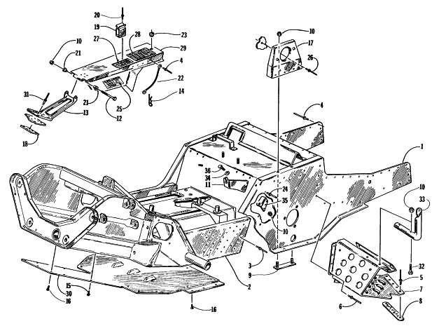 Parts Diagram for Arctic Cat 1997 PANTHER 440 SNOWMOBILE FRONT FRAME, FOOTREST, BELT GUARD ASSEMBLY
