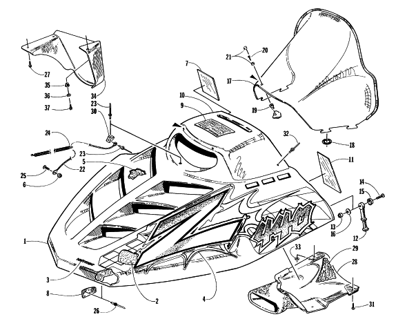 Parts Diagram for Arctic Cat 1997 Z 440 SNOWMOBILE HOOD AND WINDSHIELD ASSEMBLY