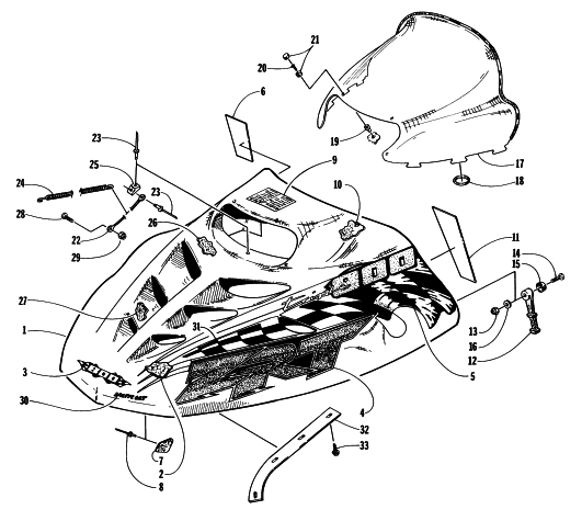 Parts Diagram for Arctic Cat 1997 ZRT 800 SNOWMOBILE HOOD AND WINDSHIELD ASSEMBLY