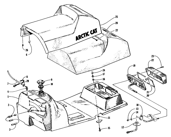 Parts Diagram for Arctic Cat 1997 ZRT 800 SNOWMOBILE GAS TANK, SEAT, AND TAILLIGHT ASSEMBLY