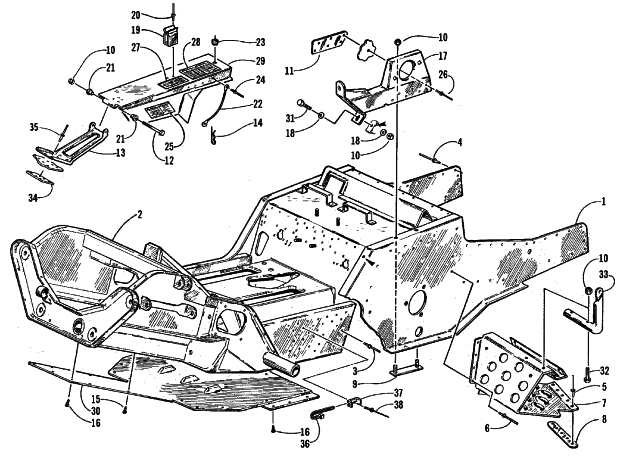 Parts Diagram for Arctic Cat 1999 BEARCAT WT SNOWMOBILE FRONT FRAME, FOOTREST, AND GUARD ASSEMBLY
