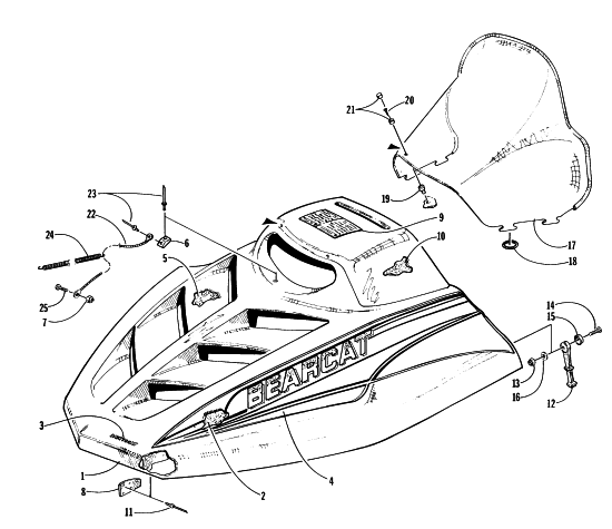 Parts Diagram for Arctic Cat 1997 BEARCAT WIDE TRACK SNOWMOBILE HOOD AND WINDSHIELD ASSEMBLY