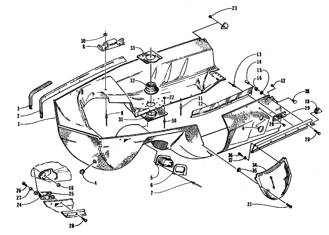 Parts Diagram for Arctic Cat 1999 BEARCAT WT SNOWMOBILE BELLY PAN ASSEMBLY