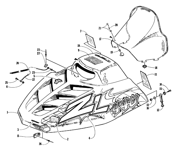Parts Diagram for Arctic Cat 1997 ZL 440 SNOWMOBILE HOOD AND WINDSHIELD ASSEMBLY