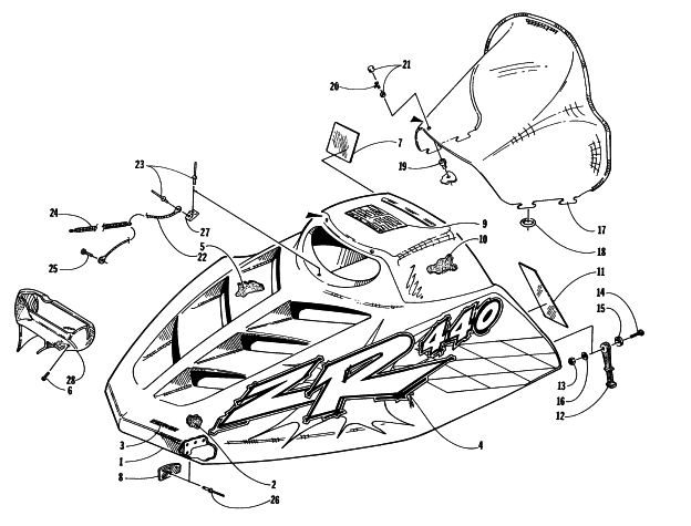 Parts Diagram for Arctic Cat 1997 ZR 440 SNOWMOBILE HOOD AND WINDSHIELD ASSEMBLY