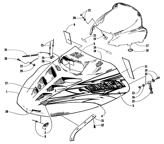 Parts Diagram for Arctic Cat 1997 THUNDERCAT SNOWMOBILE HOOD AND WINDSHIELD ASSEMBLY