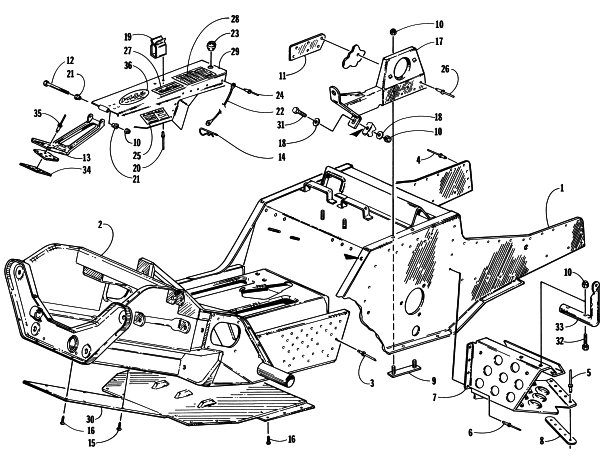 Parts Diagram for Arctic Cat 1997 POWDER SPECIAL SNOWMOBILE FRONT FRAME, FOOTREST, AND GUARD ASSEMBLY