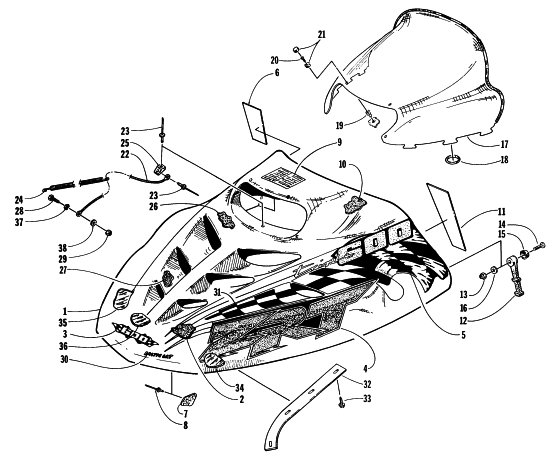 Parts Diagram for Arctic Cat 1997 ZRT 600 SNOWMOBILE HOOD AND WINDSHIELD ASSEMBLY