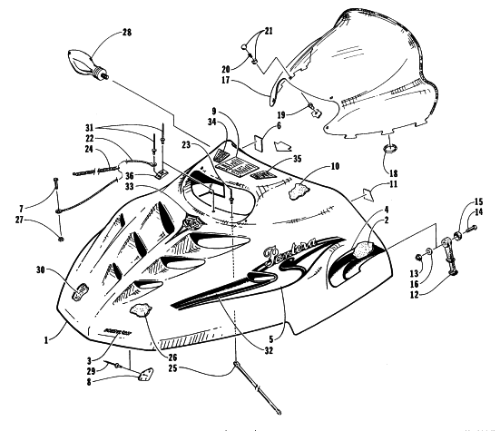 Parts Diagram for Arctic Cat 1997 PANTERA SNOWMOBILE HOOD AND WINDSHIELD ASSEMBLY
