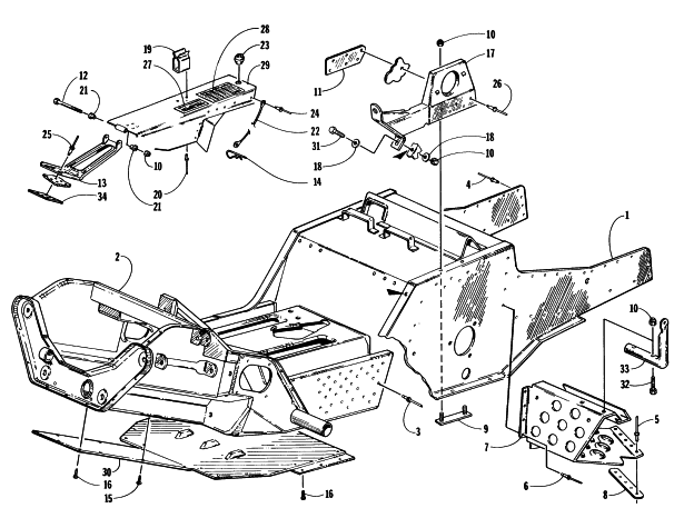 Parts Diagram for Arctic Cat 1997 POWDER SPECIAL EFI SNOWMOBILE FRONT FRAME, FOOTREST, AND GUARD ASSEMBLY