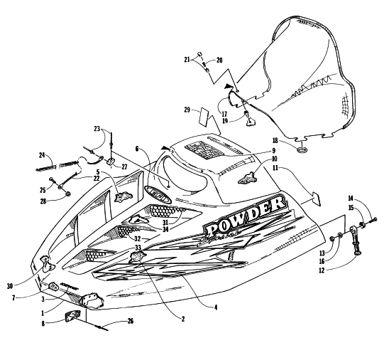 Parts Diagram for Arctic Cat 1997 POWDER SPECIAL EFI SNOWMOBILE HOOD AND WINDSHIELD ASSEMBLY