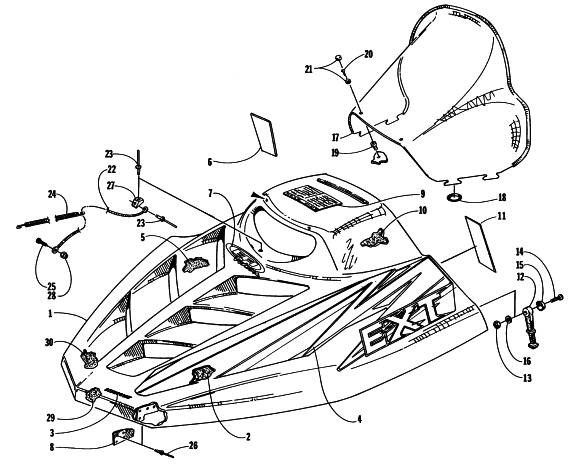 Parts Diagram for Arctic Cat 1997 EXT 580 EFI DLX SNOWMOBILE HOOD AND WINDSHIELD ASSEMBLY
