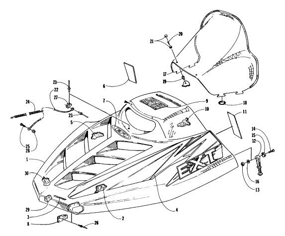 Parts Diagram for Arctic Cat 1997 EXT 580 EFI SNOWMOBILE HOOD AND WINDSHIELD ASSEMBLY