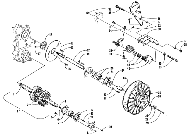 Parts Diagram for Arctic Cat 1997 PUMA 2-UP SNOWMOBILE DRIVE TRAIN SHAFTS AND BRAKE ASSEMBLIES