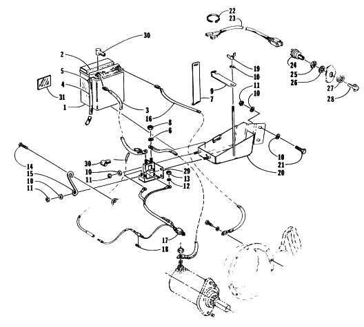 Parts Diagram for Arctic Cat 1997 PUMA 2-UP SNOWMOBILE BATTERY, SOLENOID, AND CABLES
