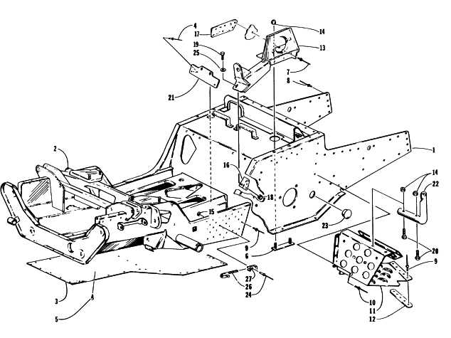 Parts Diagram for Arctic Cat 1997 EXT 600 SNOWMOBILE FRONT FRAME AND FOOTREST ASSEMBLY