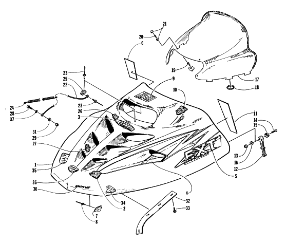 Parts Diagram for Arctic Cat 1997 EXT 600 SNOWMOBILE HOOD AND WINDSHIELD ASSEMBLY
