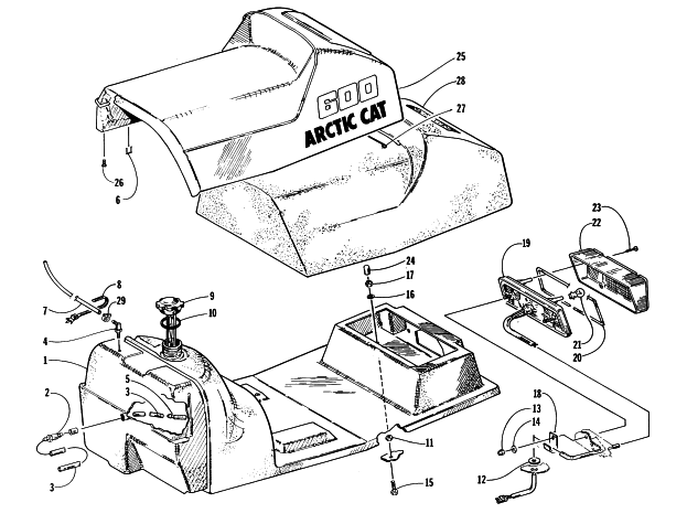 Parts Diagram for Arctic Cat 1997 EXT 600 SNOWMOBILE GAS TANK, SEAT, AND TAILLIGHT ASSEMBLY