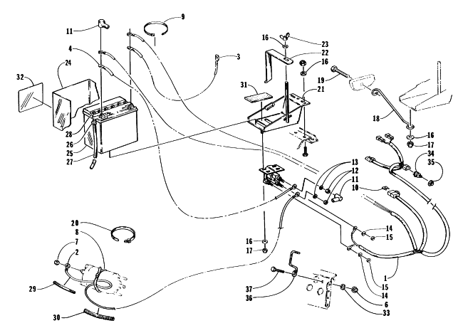 Parts Diagram for Arctic Cat 1997 POWDER EXTREME SNOWMOBILE BATTERY, SOLENOID, AND CABLES