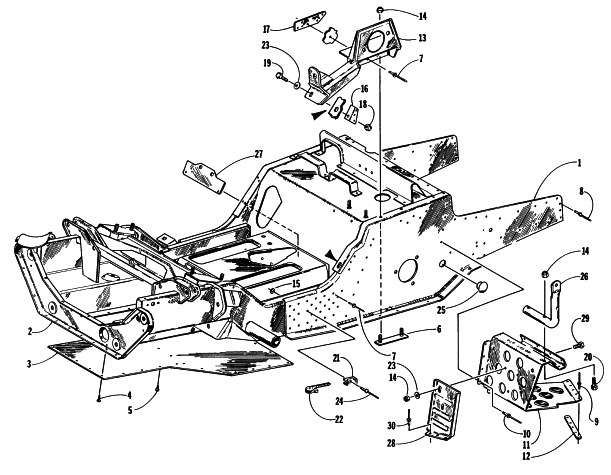 Parts Diagram for Arctic Cat 1997 ZRT 800 SNOWMOBILE FRONT FRAME AND FOOTREST ASSEMBLY