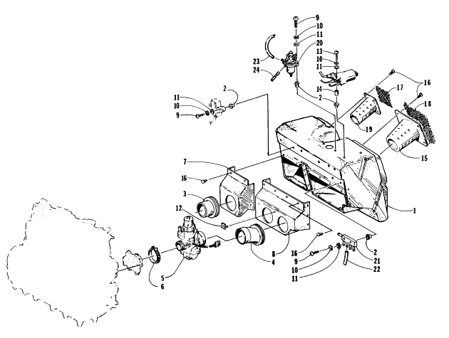 Parts Diagram for Arctic Cat 1997 POWDER EXTREME SNOWMOBILE CARBURETOR AND AIR SILENCER ASSEMBLY