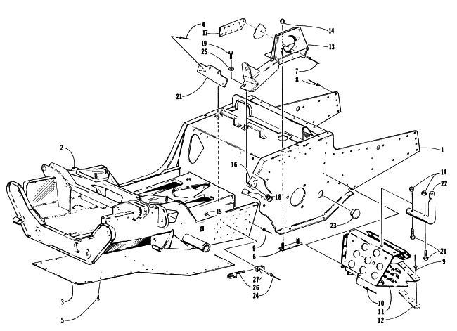 Parts Diagram for Arctic Cat 1997 ZRT 600 SNOWMOBILE FRONT FRAME AND FOOTREST ASSEMBLY