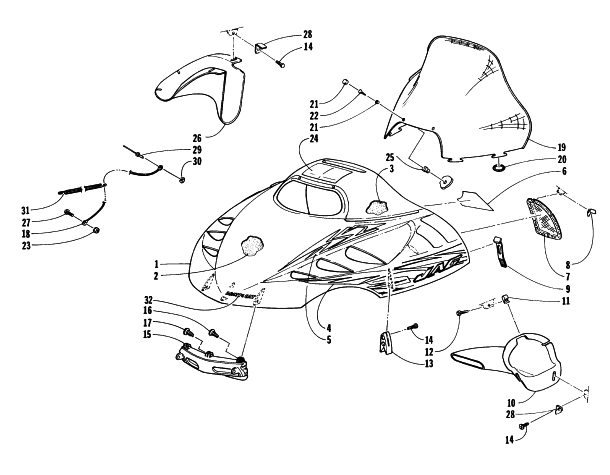 Parts Diagram for Arctic Cat 1997 JAG SNOWMOBILE HOOD AND WINDSHIELD ASSEMBLY