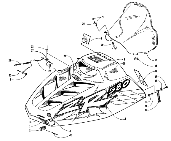 Parts Diagram for Arctic Cat 1997 ZR 580 EFI SNOWMOBILE HOOD AND WINDSHIELD ASSEMBLY