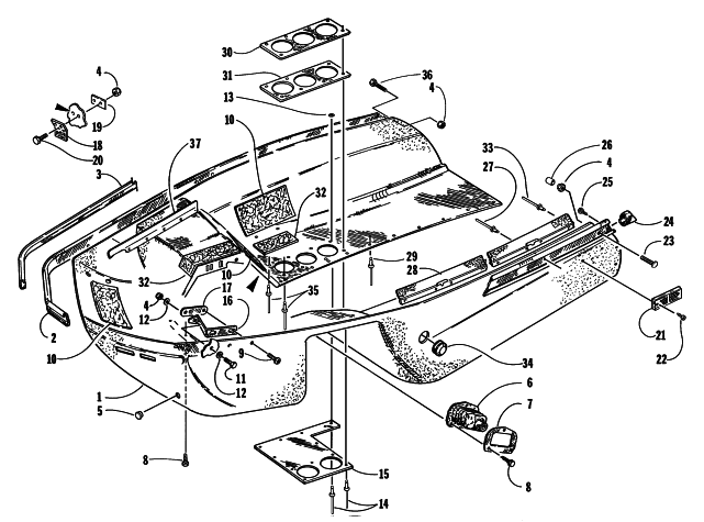 Parts Diagram for Arctic Cat 1997 EXT 600 SNOWMOBILE BELLY PAN ASSEMBLY