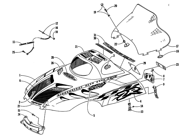 Parts Diagram for Arctic Cat 1998 ZR 500 (JANUARY) SNOWMOBILE HOOD AND WINDSHIELD ASSEMBLY