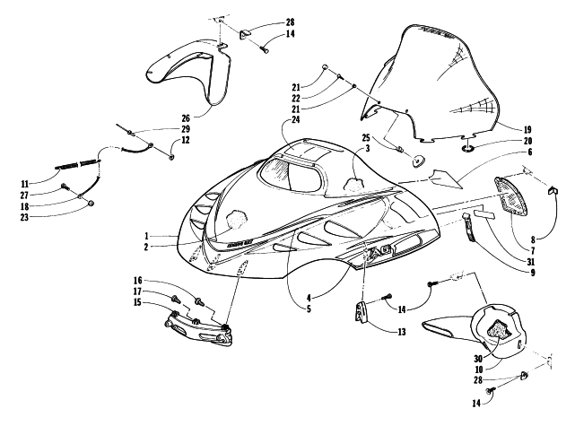 Parts Diagram for Arctic Cat 1998 JAG 340 SNOWMOBILE HOOD AND WINDSHIELD ASSEMBLY