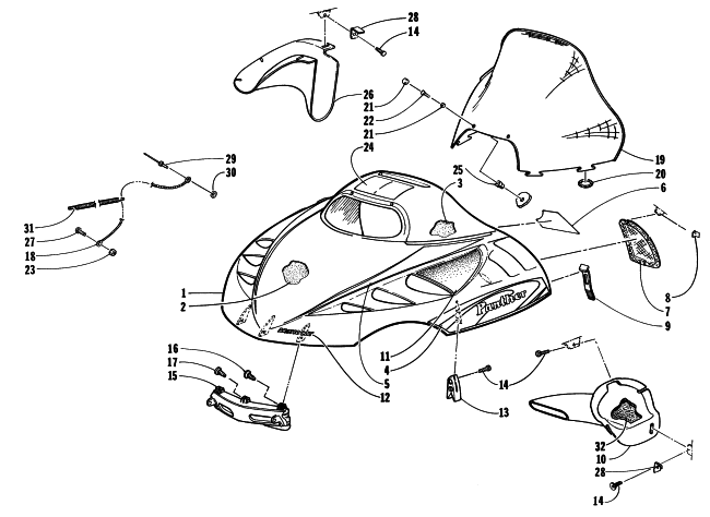 Parts Diagram for Arctic Cat 1998 PANTHER 340 SNOWMOBILE HOOD AND WINDSHIELD ASSEMBLY
