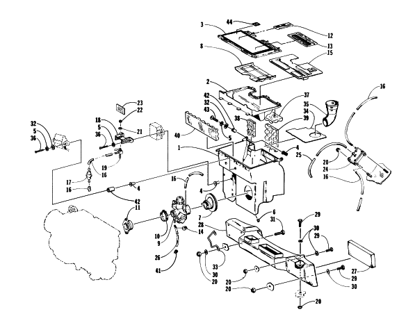 Parts Diagram for Arctic Cat 1998 JAG 440 DELUXE SNOWMOBILE CARBURETOR, FUEL PUMP, AND AIR SILENCER ASSEMBLY