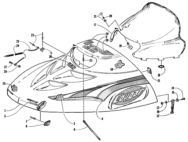 Parts Diagram for Arctic Cat 1998 COUGAR MOUNTAIN CAT SNOWMOBILE HOOD AND WINDSHIELD ASSEMBLY