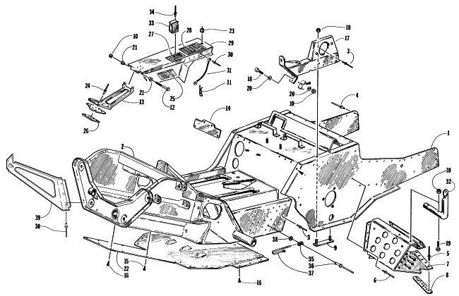 Parts Diagram for Arctic Cat 1998 PANTHER 550 SNOWMOBILE FRONT FRAME, FOOTREST, AND BELT GUARD ASSEMBLY