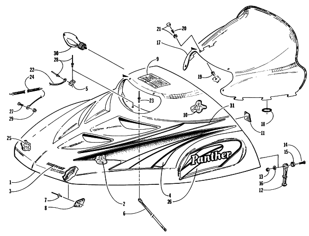 Parts Diagram for Arctic Cat 1998 PANTHER 550 SNOWMOBILE HOOD AND WINDSHIELD ASSEMBLY