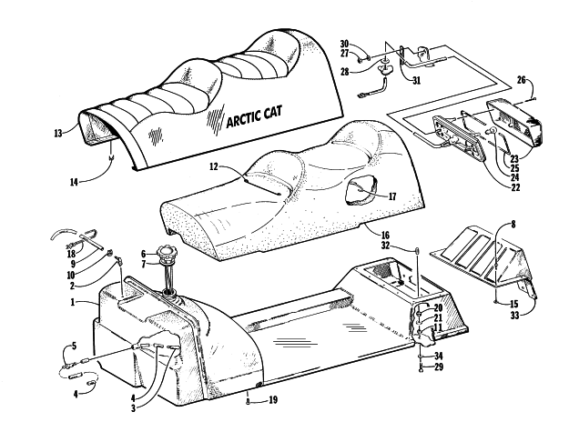 Parts Diagram for Arctic Cat 1998 EXT 600 TOUR SNOWMOBILE GAS TANK, SEAT, AND TAILLIGHT ASSEMBLY