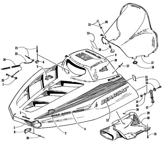 Parts Diagram for Arctic Cat 1998 BEARCAT 340 SNOWMOBILE HOOD AND WINDSHIELD ASSEMBLY