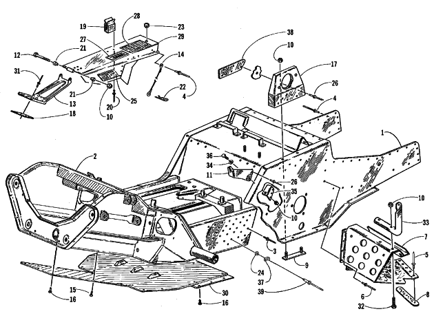 Parts Diagram for Arctic Cat 1999 BEARCAT 440 II - 156 IN. SNOWMOBILE FRONT FRAME, BELLY PAN, AND FOOTREST ASSEMBLY