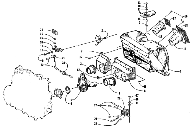 Parts Diagram for Arctic Cat 1998 ZRT 600 SNOWMOBILE CARBURETOR, AIR SILENCER, AND FUEL PUMP ASSEMBLY