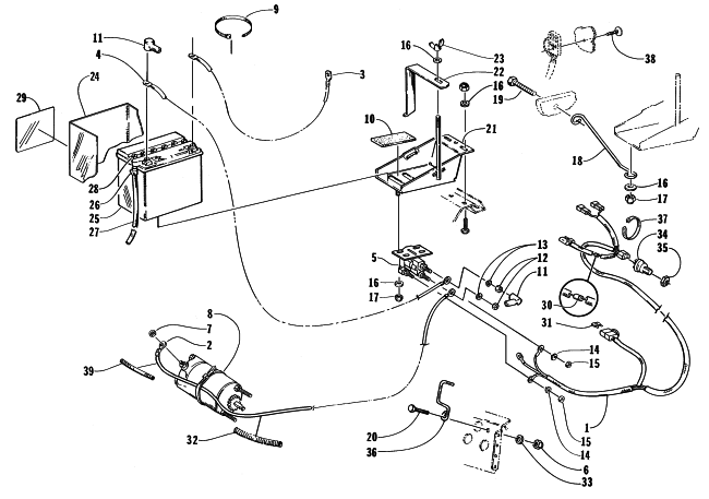 Parts Diagram for Arctic Cat 1998 EXT 600 TRIPLE SNOWMOBILE BATTERY, SOLENOID, AND CABLES