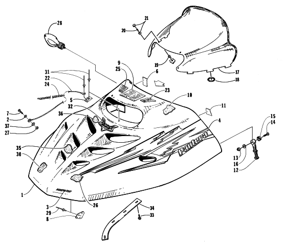 Parts Diagram for Arctic Cat 1998 PANTERA 800 SNOWMOBILE HOOD AND WINDSHIELD ASSEMBLY
