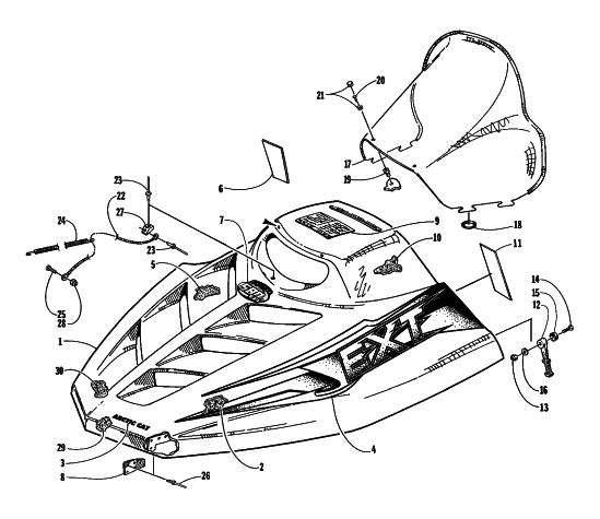 Parts Diagram for Arctic Cat 1998 EXT 580 EFI DLX SNOWMOBILE HOOD AND WINDSHIELD ASSEMBLY