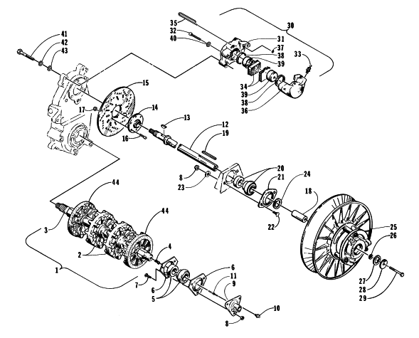 Parts Diagram for Arctic Cat 1998 POWDER EXTREME SNOWMOBILE DRIVE TRAIN SHAFTS AND BRAKE ASSEMBLIES