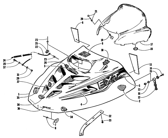 Parts Diagram for Arctic Cat 1998 EXT 600 TRIPLE SNOWMOBILE HOOD AND WINDSHIELD ASSEMBLY